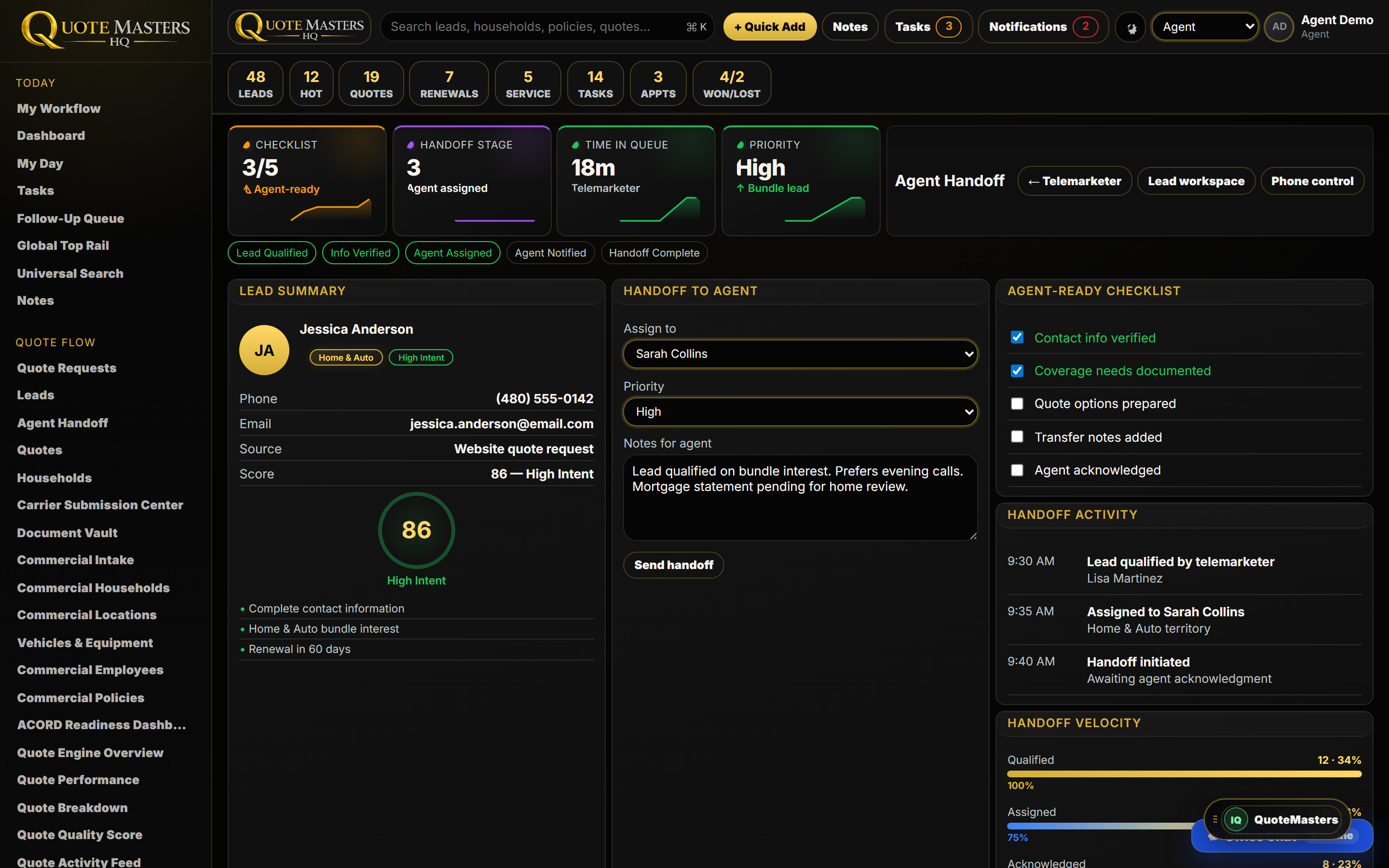 QuoteMasters HQ agent handoff workspace with lead score and assignment flow