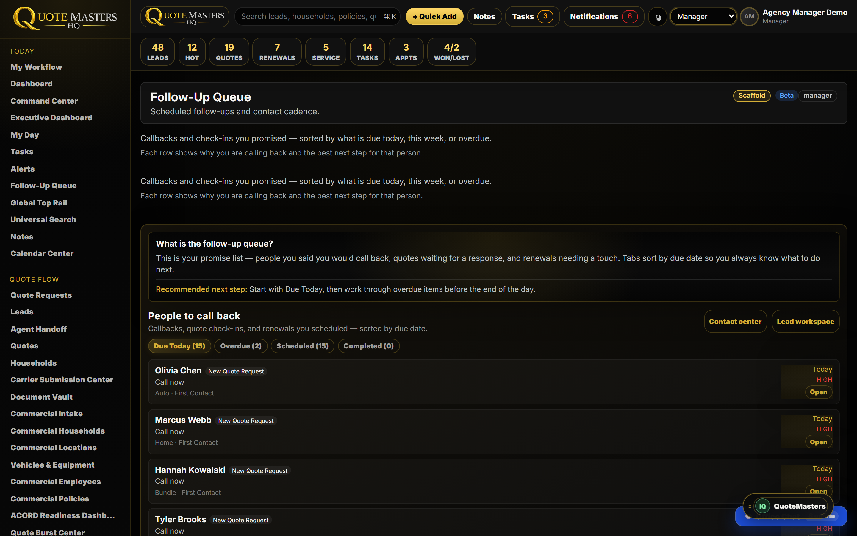 QuoteMasters HQ follow-up queue with prioritized call-back actions