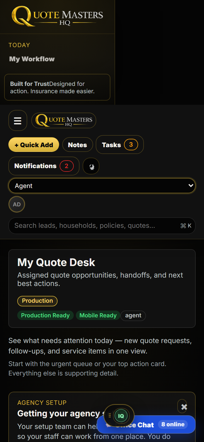 QuoteMasters HQ mobile agent workflow with quote desk and daily actions