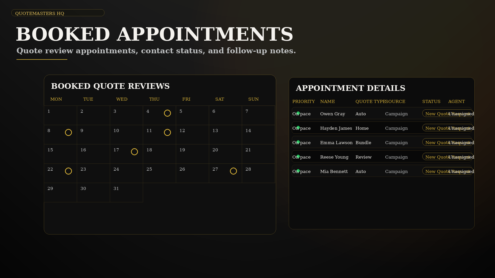Booked insurance quote appointment calendar dashboard