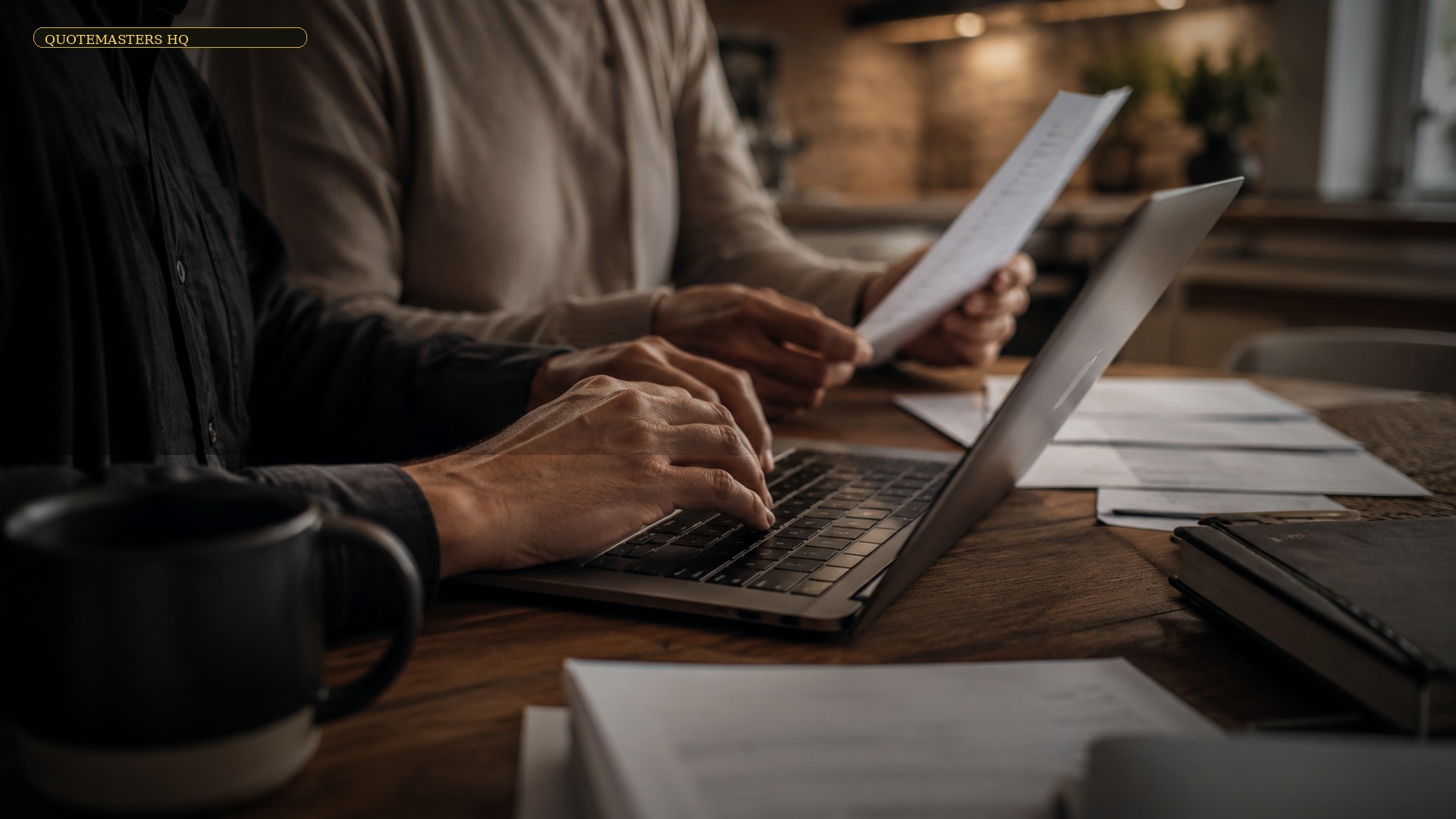 Homeowner reviewing home insurance paperwork at a kitchen table for a local quote review