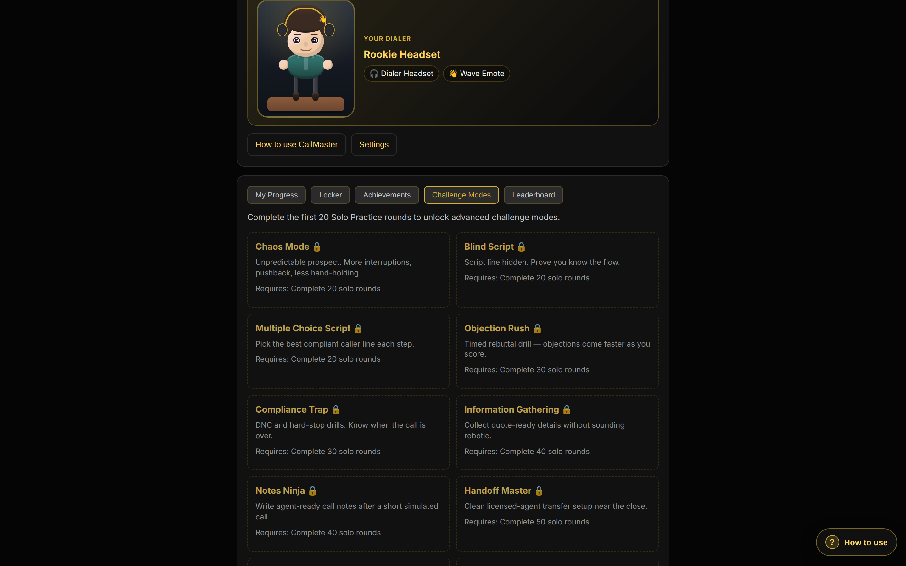 CallMaster challenge modes and training mode selection