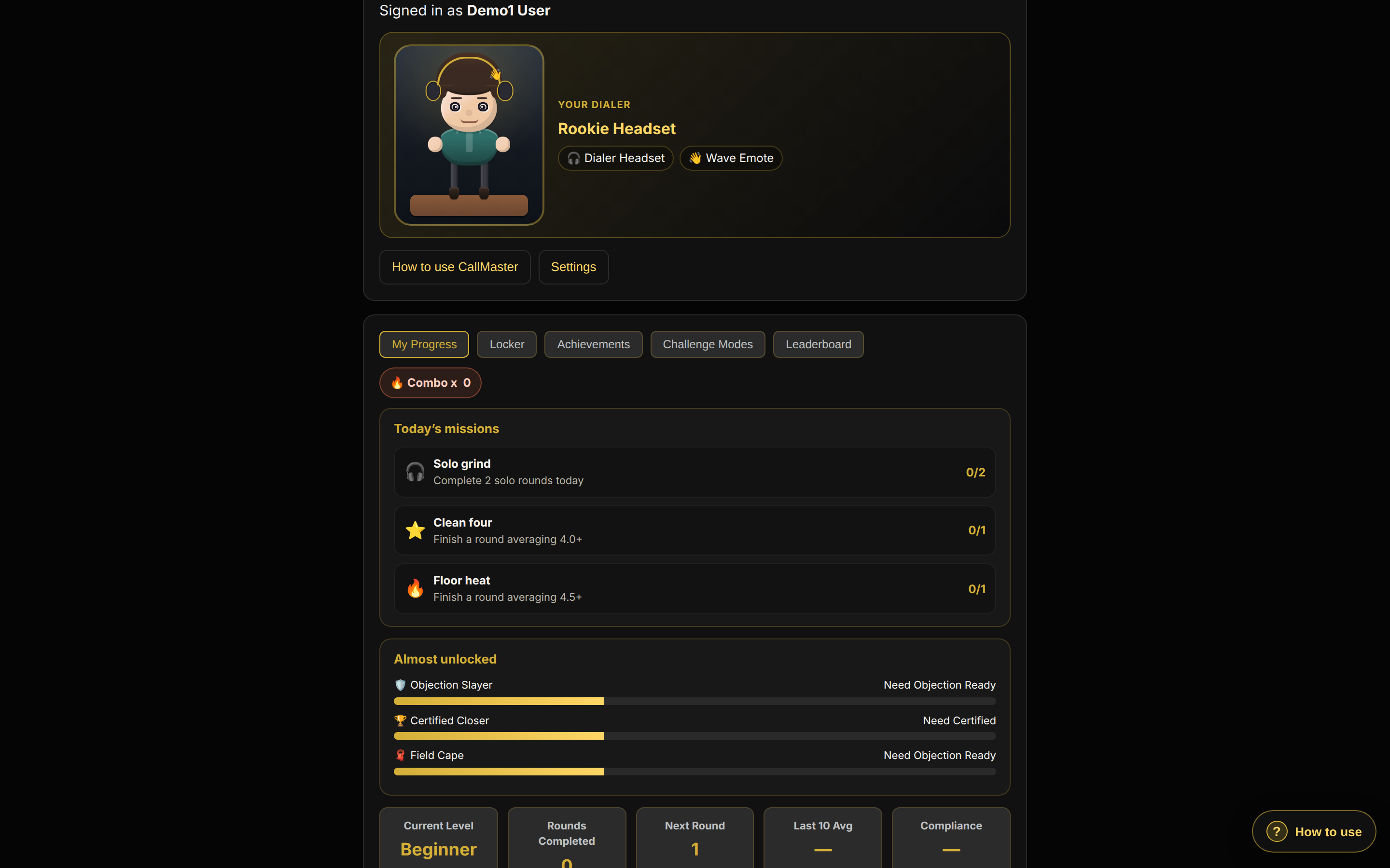 CallMaster home with avatar dialer, missions, and progress tabs