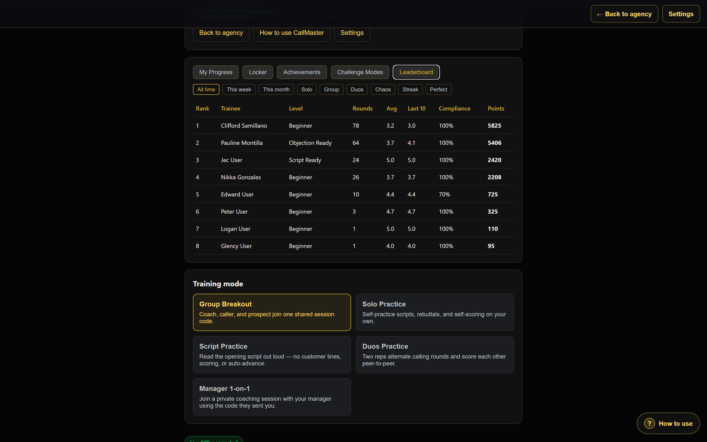 CallMaster leaderboard with solo, group, duos, and streak filters