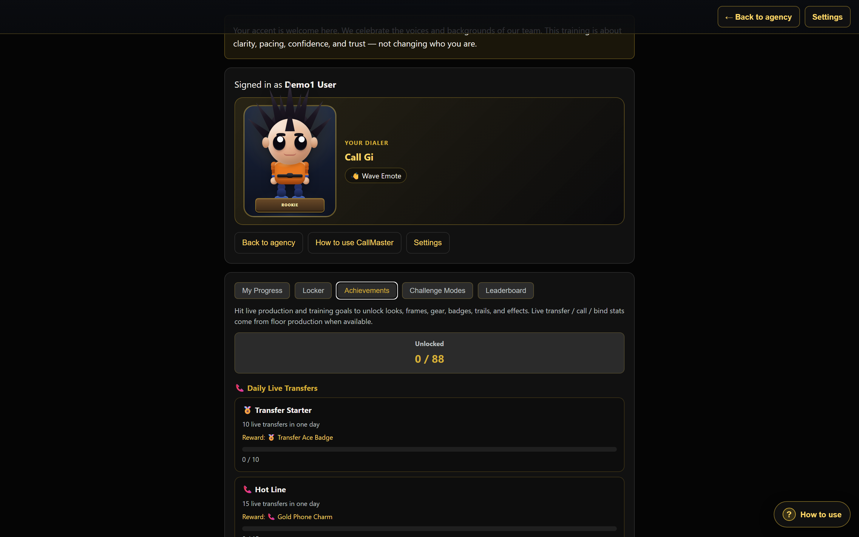CallMaster achievements with daily live transfer badges and unlock progress