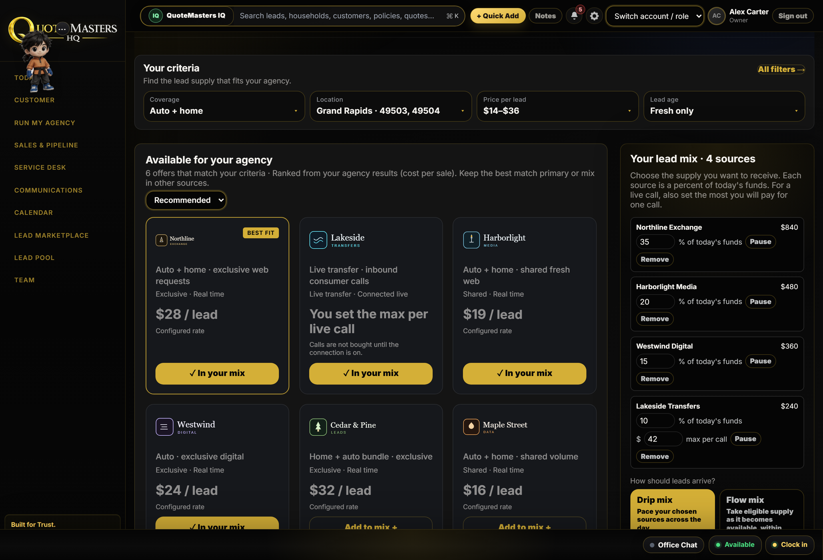 QuoteMasters HQ lead marketplace with fictional vendors, logos, and prices