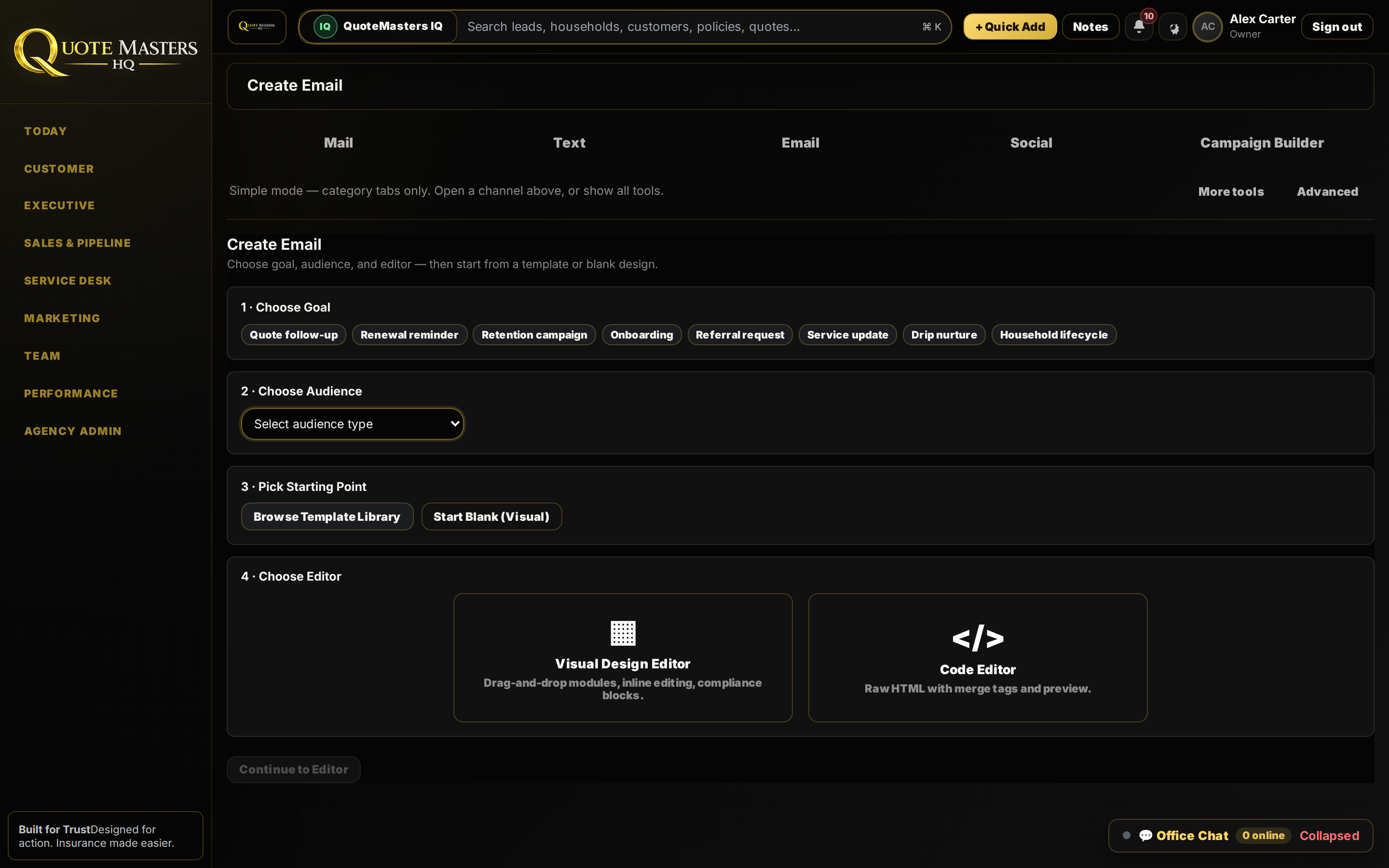 Email Studio create flow with goals, audience, templates, and editors