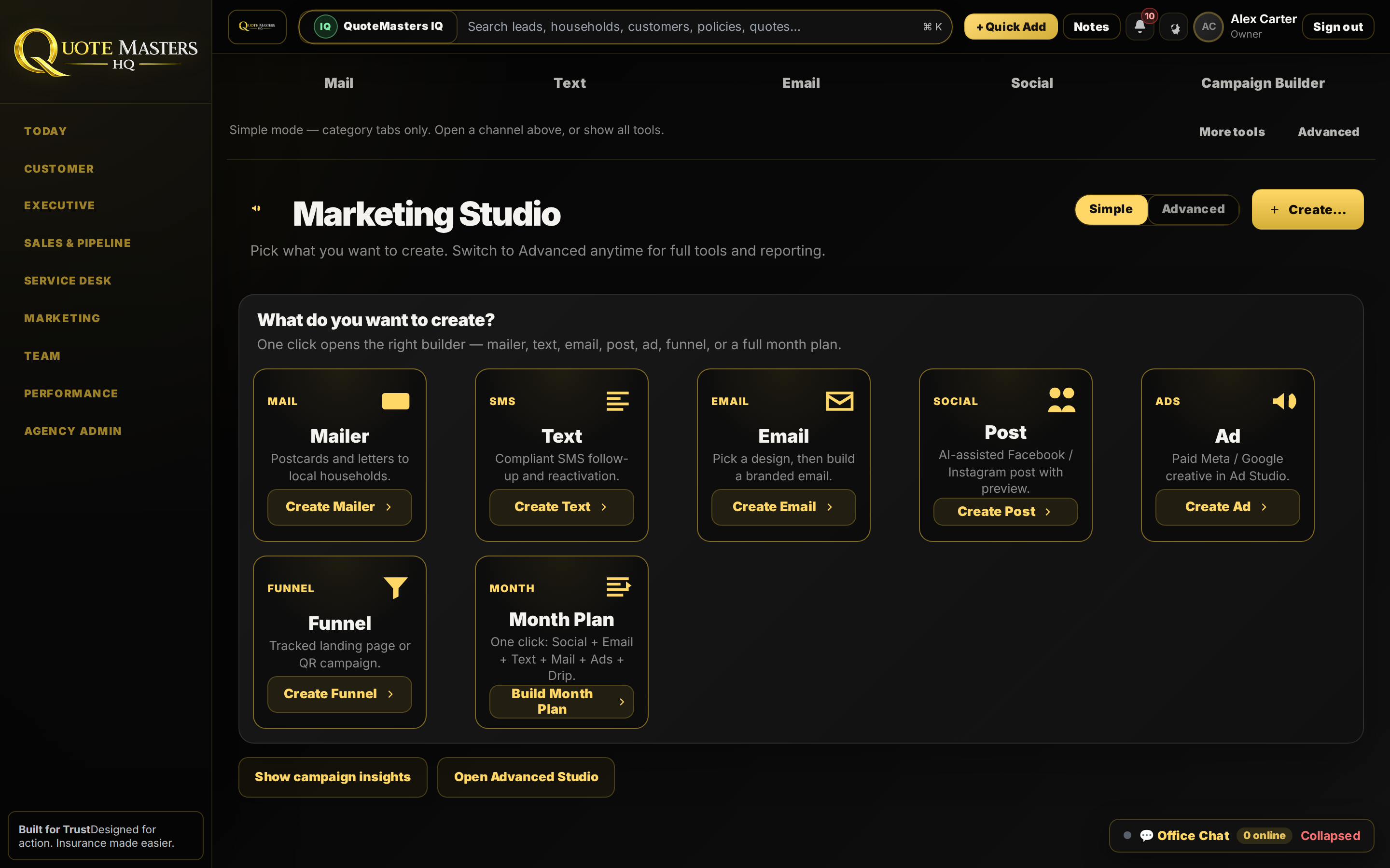 Marketing Studio simple mode with Create Mailer, Email, Post, Ad, Funnel, and Build Month Plan