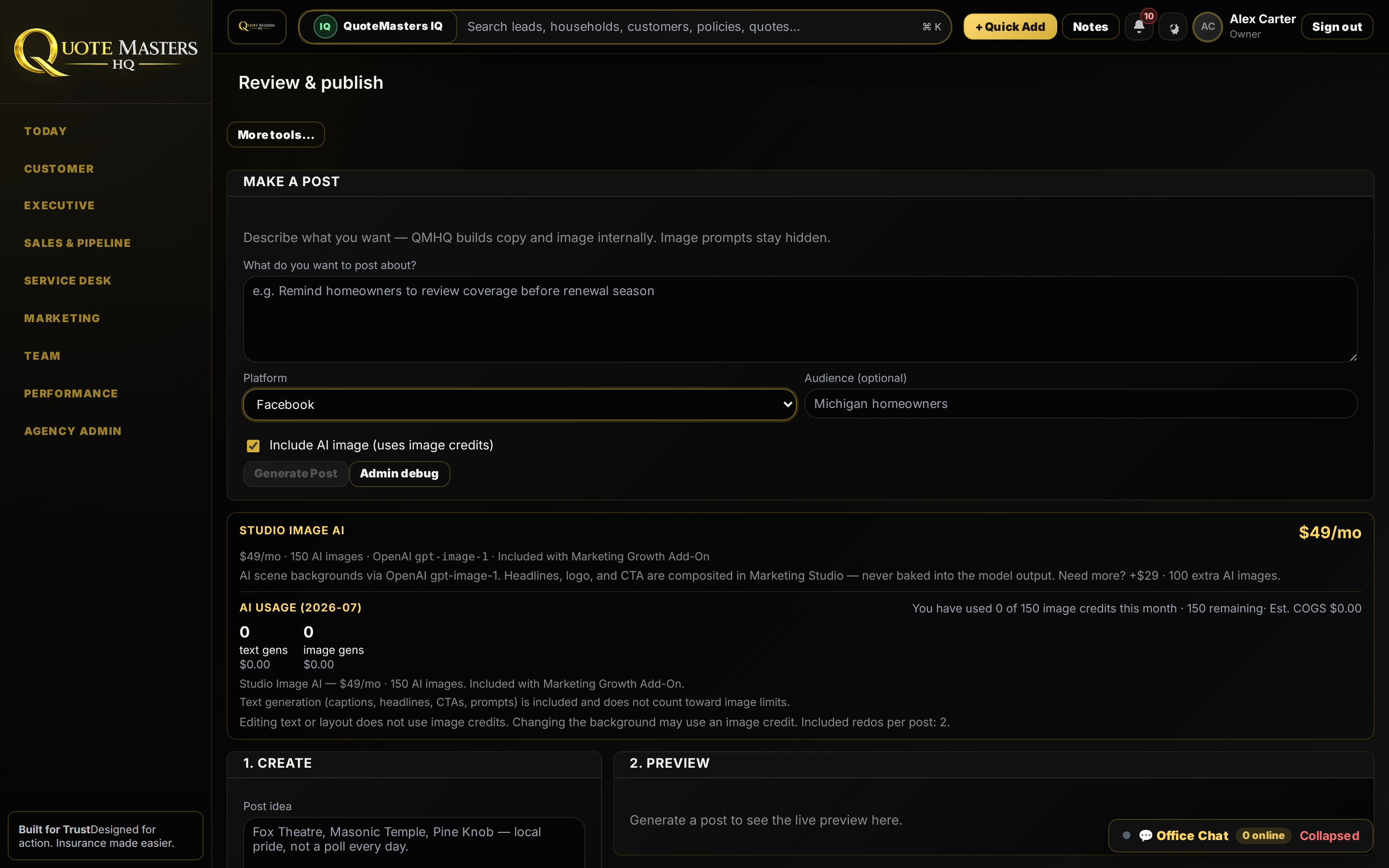 Socials Studio AI post builder with generate and preview